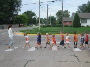 Safe Routes to School Coordinator Kate Hannon teaches a crosswalk safety class.