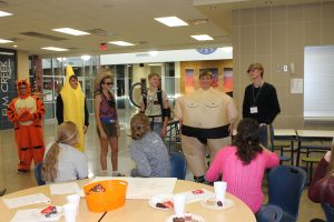 The students had a costume contest to end the meeting. Mason Casper won scariest costume (Tigger), Rowdy Melton won most fruitful costume (banana),Kathleen Juhl won best costume (tourist), Brodrick Paitz won most creative costume (Ghostbuster),Wyatt Hubbard won funniest costume (Sumo),  Colin Ibach won most techy costume (Tech Support guy). 
